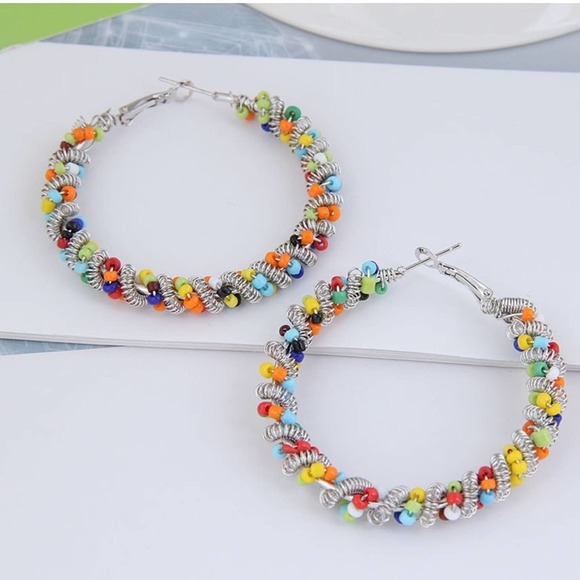 Metal & Multi-Colored Rice Bead Weaving Hoops - Picture 4 of 6